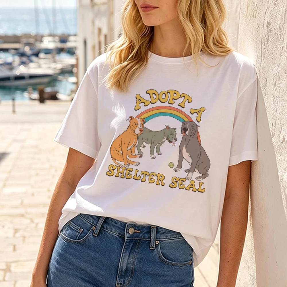Adopt A Shelter Seal Dog Unisex Women White Cotton T-Shirt Cute Pitbull Pet Adoption Graphic Print Summer Casual Tee