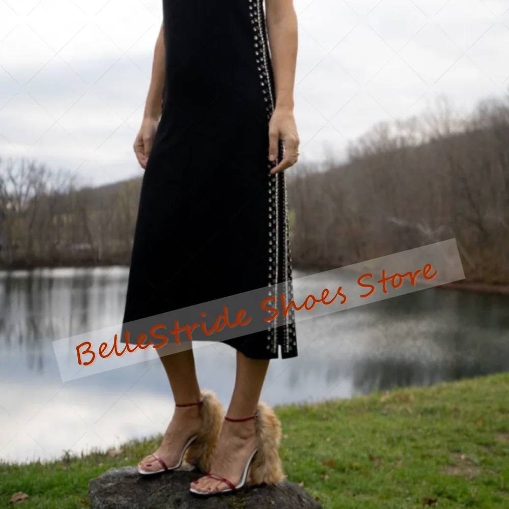 

Open Toe Fur Decor Sandals Comfortable Fashion Women Shoes Chunky High Heels Party Banquet Dating 2025 Zapatos Para Mujere