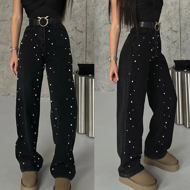 

Denim Jeans Women Solid Jean Beaded Pocket Full Length Zipper Fly Mid Waist Straight Pants Casual Loose Streetwear 2025 Autumn