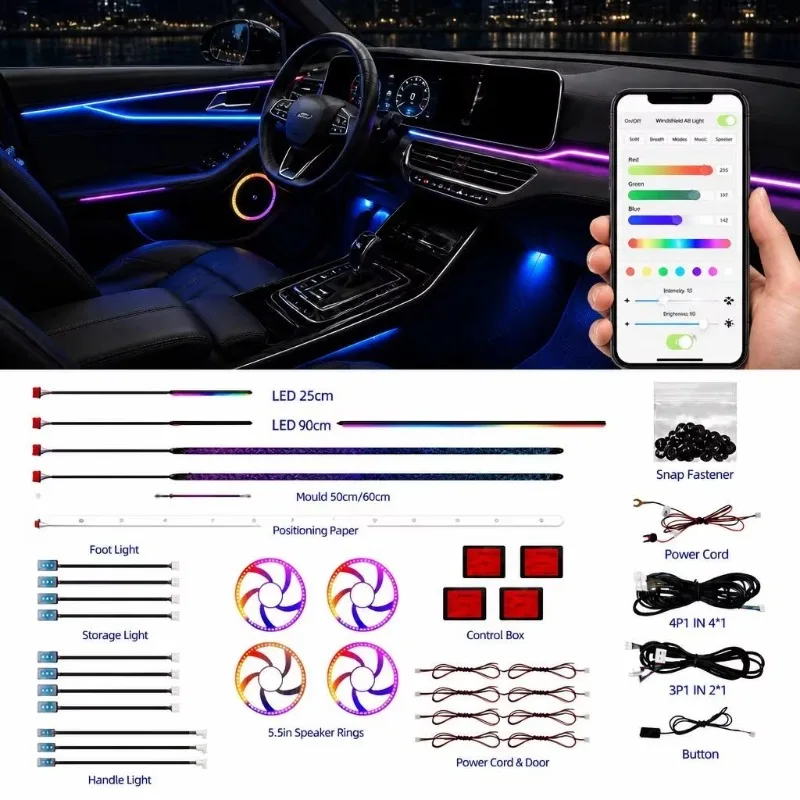 Car Ambient Lighting Kit 18 in 1 Dragon Scale RGB LED 5 Controllers Sync APP Remote Music Door Trim Handle Footwell Storage