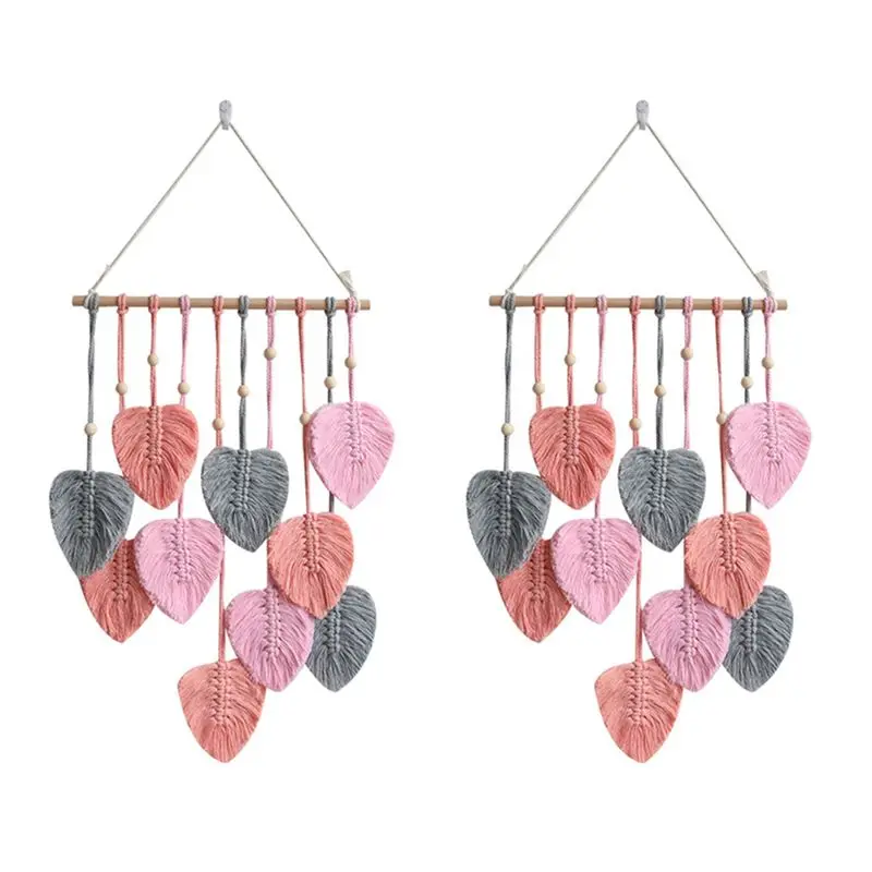 BHTS-2X Leaf Macrame Wall Hanging Boho Room Home Decor Woven Aesthetic Wall Tapestry Home Room Wedding Decoration Pink