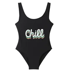Colorful CHILL Letters Women's One Piece Summer Swimsuit Sexy Bodysuit Swimwear Backless Mayo Monokini Cute Badpak One-Piece