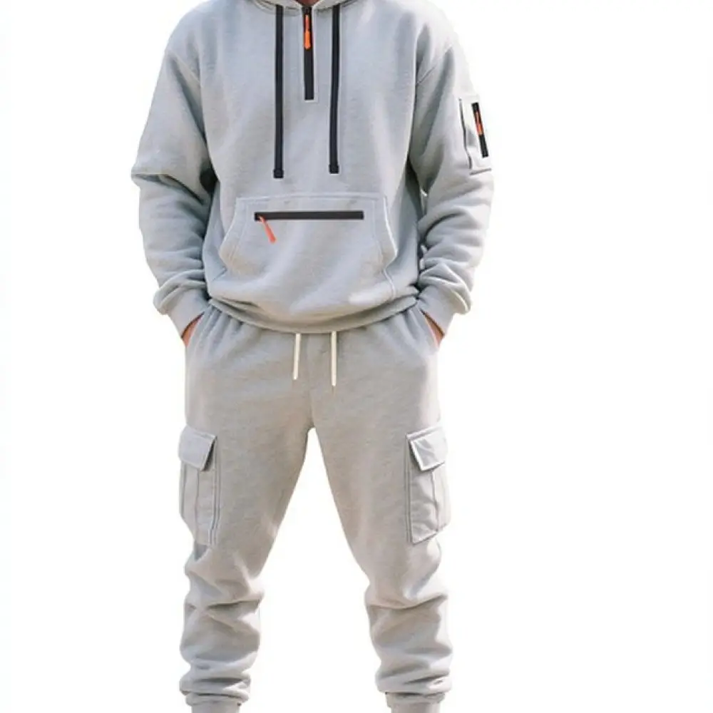 Mens Winter Tracksuit Set Fleece Lined Hooded Sweatshirt Cargo Trousers Casual Sportswear Oversized Athletic Training Suit