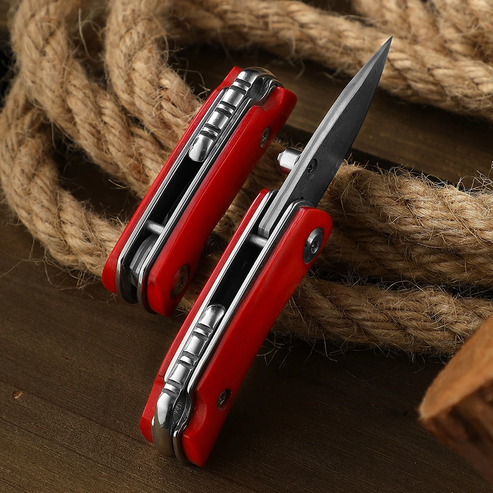 EDC Folding Knife Damascus Steel Cowbone Handle Mini Key Chain Knife Ladies Portable Folding Knife Gift Knife