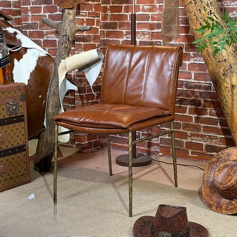 

American retro solid wrought iron dining chair oil wax leather leisure chair antique hand-forged leisure chair