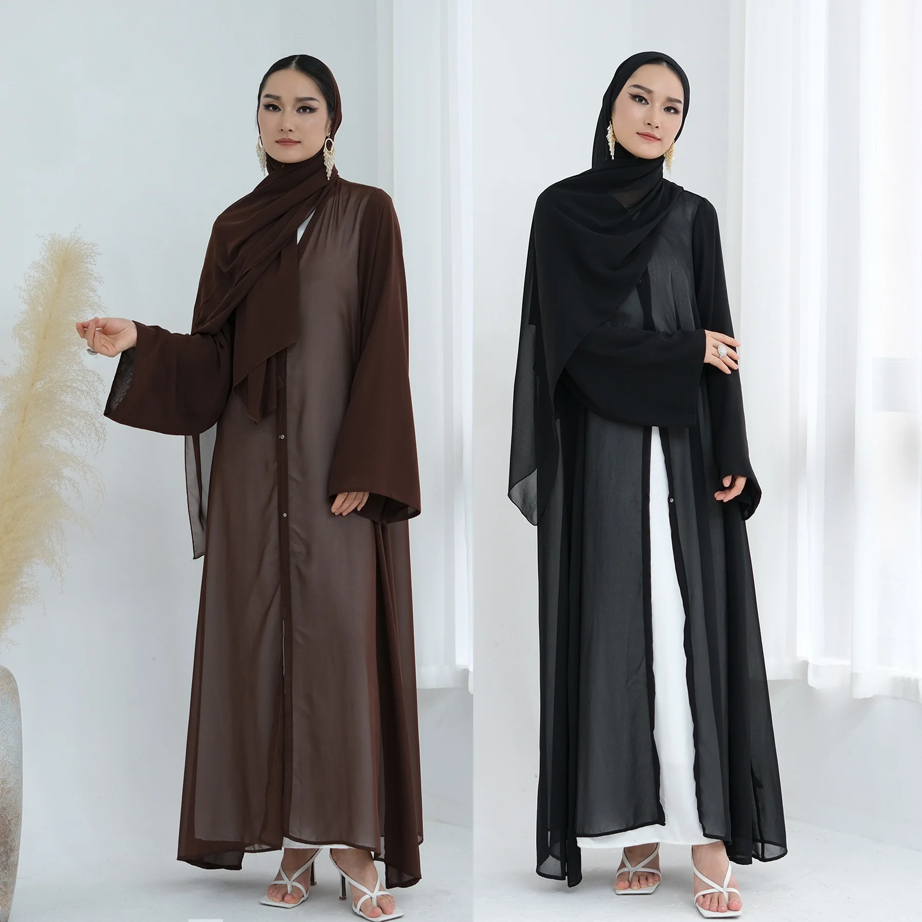 Ramadan Dubai Open Front Abaya Women Muslim Hijab Dress Set Chiffon Long Kimono Turkey Kaftan Marocain Femme Robe Arabic Casual