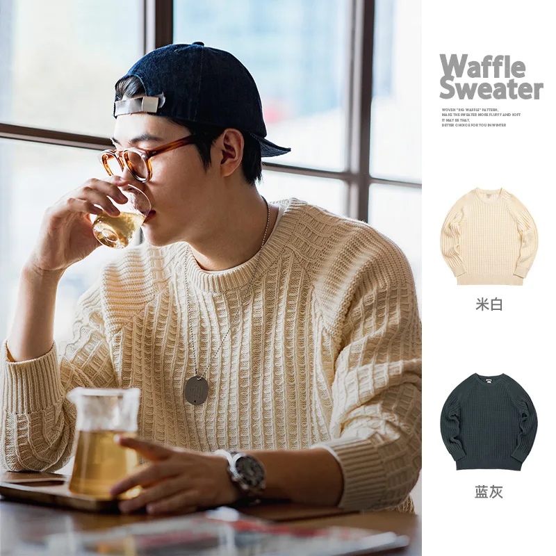 Maden Autumn Waffle Round Neck Knit Sweaters Casual Warm Solid Pullover Classic Fashion Loose Jumper for Men Tops Clothing