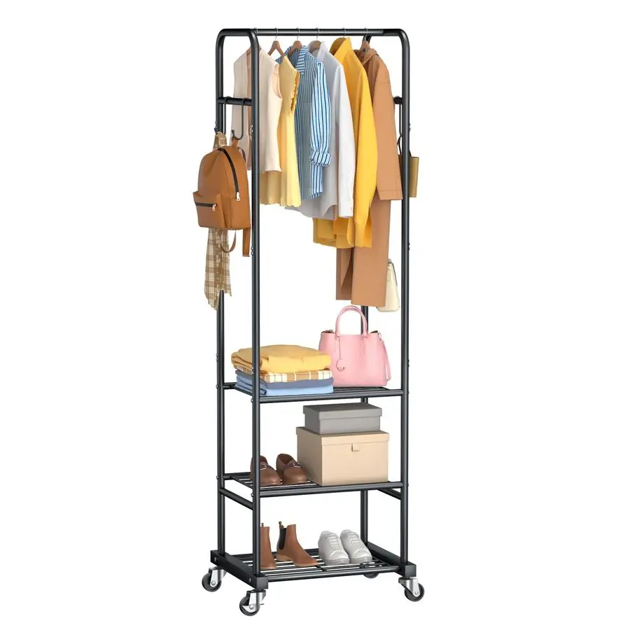 

Rack with Wheels, Freestanding Garment Rack with 3 Metal Shelves for Hanging Clothes, Portable Hanging Rod for Small Room, Bedro
