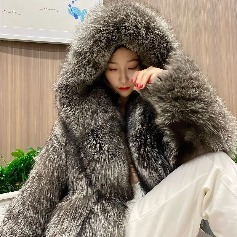 2024 Women's Faux Fur Coat Long Hood Windbreaker Winter Fluffy Jacket Plush Warm New Thicken Overcoat Loose Long Fur Coat Women