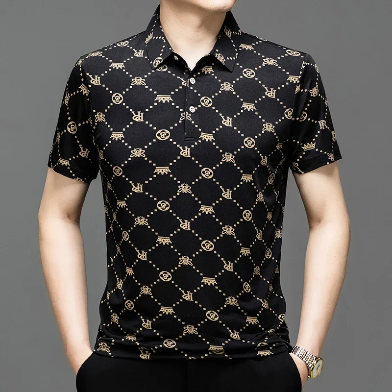 Summer Short Sleeved T-shirt, Men's Flip Collar, Ice Silk Thin, Loose, Casual, Trendy and Fashionable Print