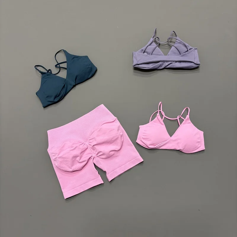 Conjunto Deportivo de 2 Piezas para Mujer, Transpirable, con Cintura Cruzada, Shorts Sin Costuras, Top Deportivo con Diseño Cruzado en la Parte Delantera, para Yoga, Gimnasio, Running y Fitness