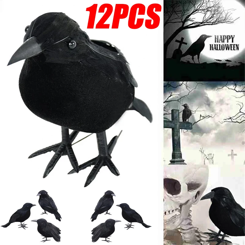 12Pcs/Set Halloween Crow Decors Fake Crow Decors Artificial Crows Black Feather Crows Lifelike Ravens Halloween Party Decoration