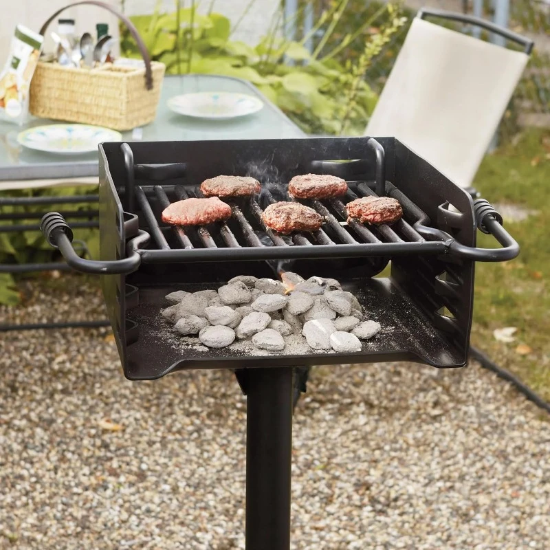 Park Style Heavy Duty Steel Outdoor BBQ Charcoal Grill with Cooking Grate and 360 Degree Swivel Post for Camping or Backyard