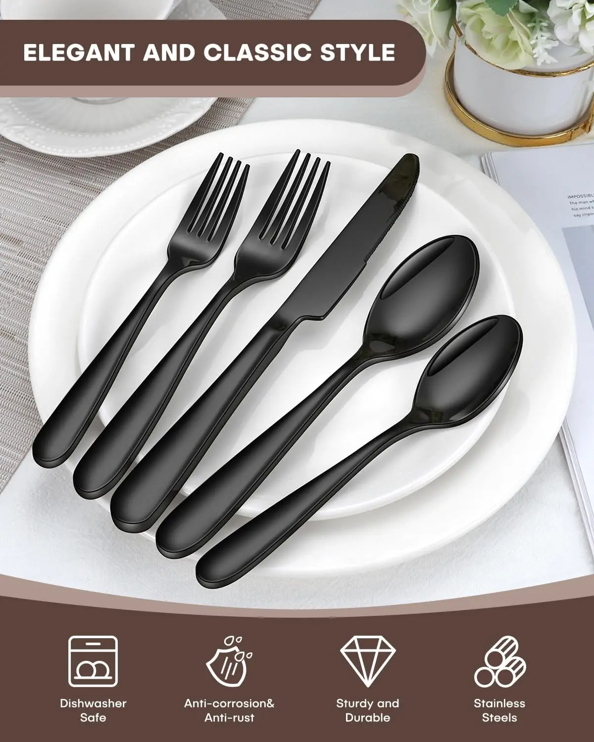 

30 Pieces Black Silverware Set for 6, Heavy Duty Black Stainless Steel Flatware Set Include Knives Forks Spoons Set Premium