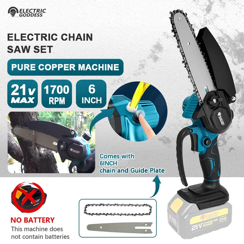 

1700RPM 6 Inch Mini Li-Ion Electric Chainsaw One Hand Portable Electric Saw Fit 18V Makita Battery (No Battery)