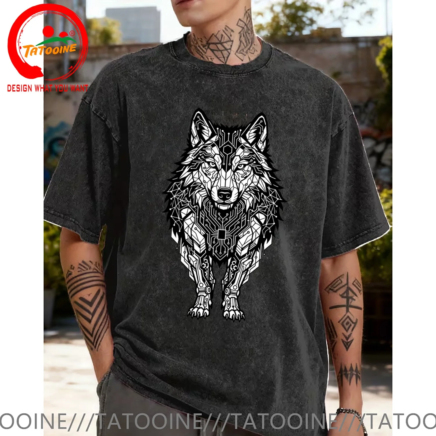 Funny Design Cyber Wolf Geometric Circuit Board  SRed Doublet Men Fashion Trendy Casual Clothing Stylish Tops Tee Shirt Leisure