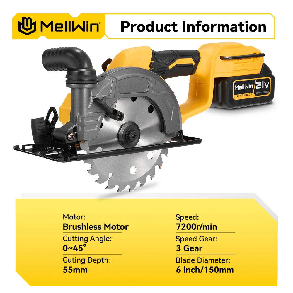 MELLWIN Electric Circular Saw 150mm 6 Inch Brushless Handheld Multi Function Power Tool for Makita 18V Battery Pin - Image 2