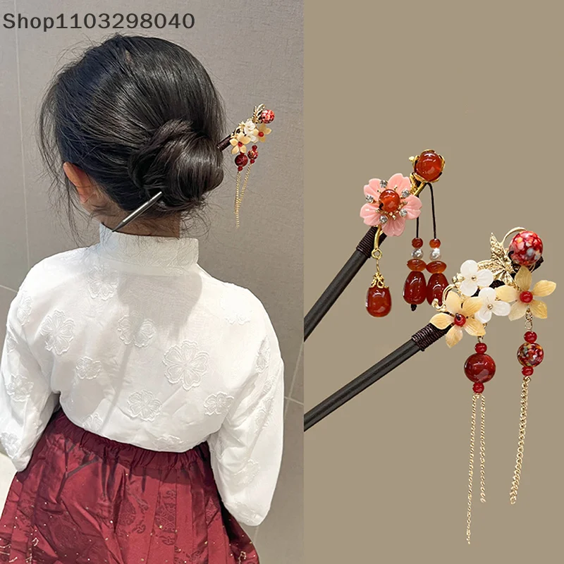 Palitos de cabelo de pavilhão luminoso estilo chinês para mulheres e crianças – grampos de cabelo retrô de metal e madeira com borla de flores, acessórios de cabelo