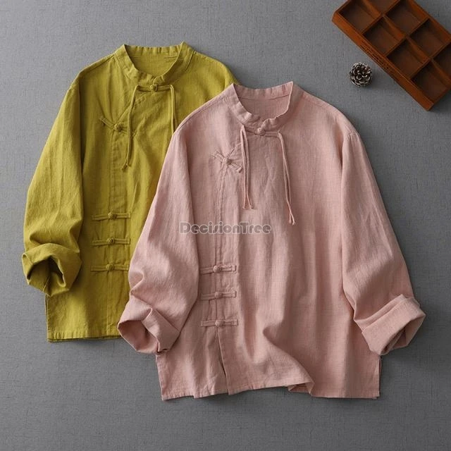 

2025 new chinese-style stand collar long sleeve loose style tea suit shirt slanted lapel retro cotton and linen cheongsam blouse