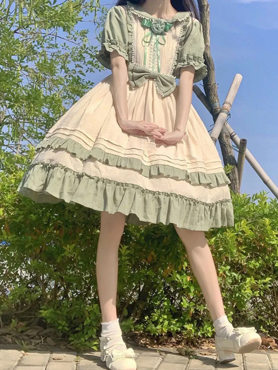 Sukienka w stylu Lolita, spódnica księżniczki, efekt wyszczuplający, letnia nowość, plus size, bawełniana, codzienna, z wysokim stanem, wiązana.