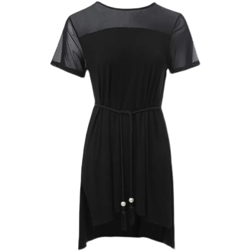 1 ピース/ロット女性ファッション黒ラテンドレスドレス女性の夏の半袖レースパッチワークダンスドレスとベルト