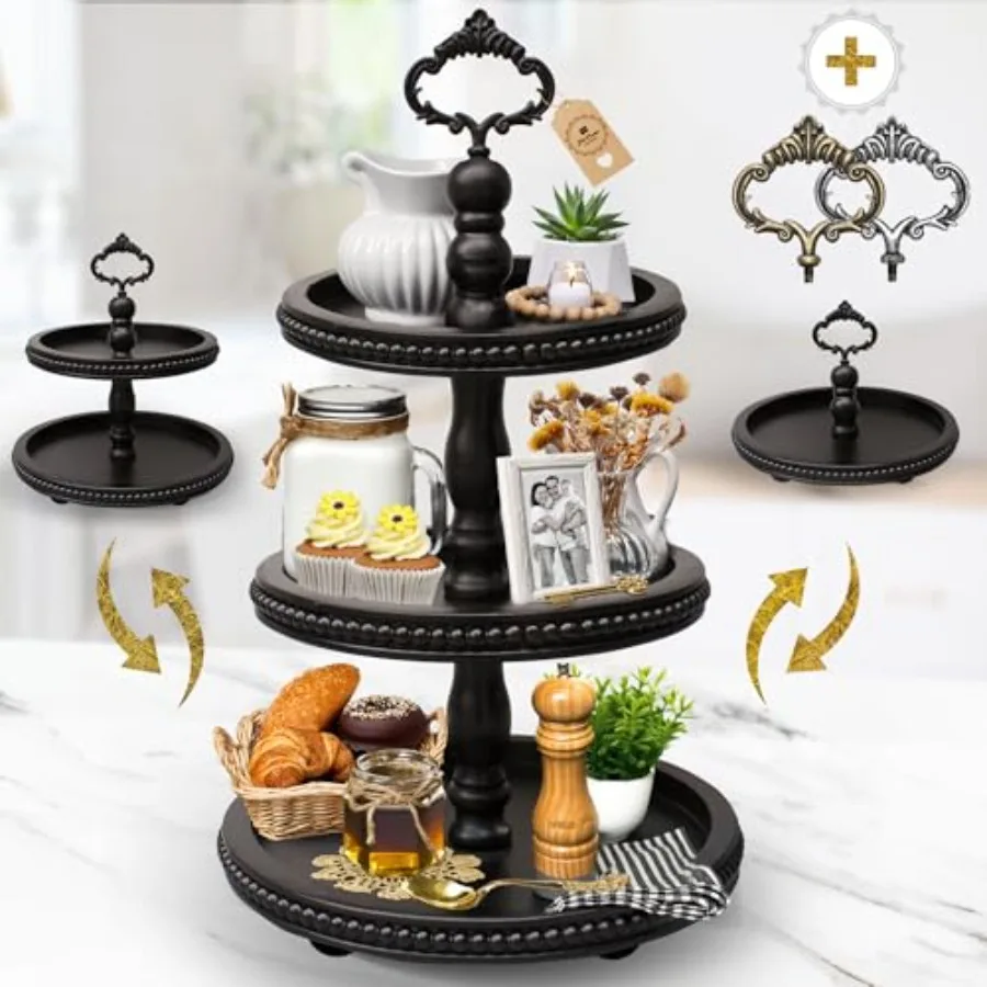 

[3-in-1] Wooden Tiered Tray Stand - Beaded 3 Tiered Tray Decor Wood Cupcake Stand for Farmhouse Country Rustic Home - 3 Tier St