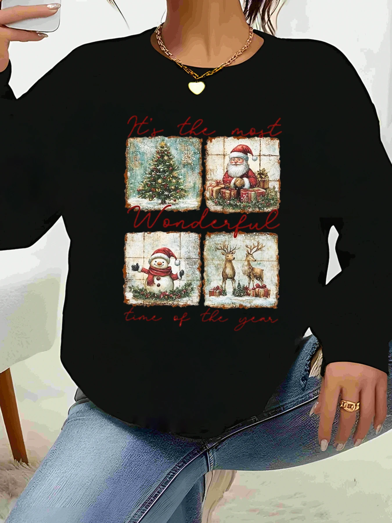 

Christmas Tree Santa Snowman Reindeer Print It's the Most Wonderful Time of the Year Long Sleeve Sweatshirt Holiday Party Women