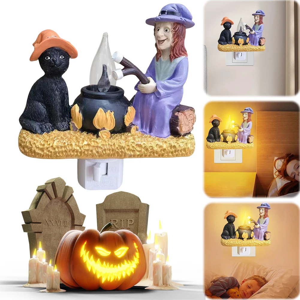 Cat and Witch Campfire Flickering Night Light 3D Cat Witch Faux Campfire Flickering LED Lamp Halloween Home Decoration