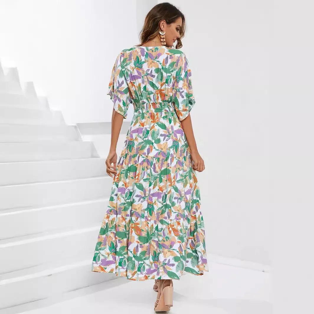 Impresso batwing sve cintura em v profundo cinched em camadas dr praia vaion saia comprimento médio bolo sle cintura elástica padrão de impressão