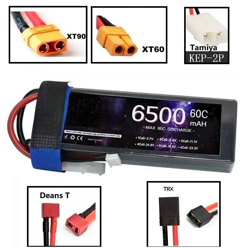 7.4V 2S 6500mAh 60C Lithium Polymer Battery with T XT60 2P XT90 TRX Plug for RC Car Boat Vehicles Helicopter Truck Truggy