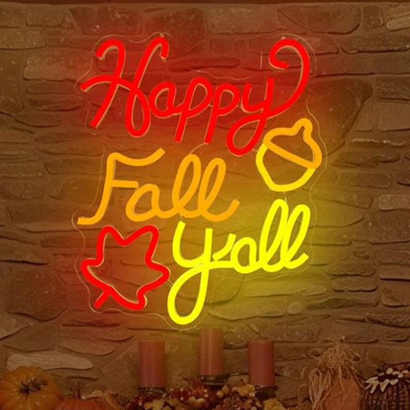 Happy Fall Yall LED Neon Sign Fall Decorations Dimmable Autumn Light for Wall Decor for Thanksgiving Party Home Fireplace