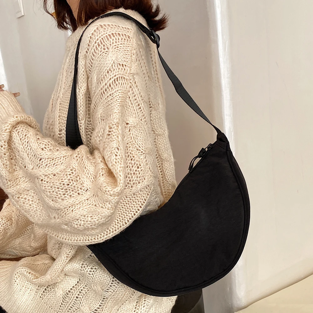 Women Crossbody Bag Solid Color Cloth Dumpling Messenger Bag Large Capacity Underarm Pouch Adjustable Strap Shoulder Bag Purse