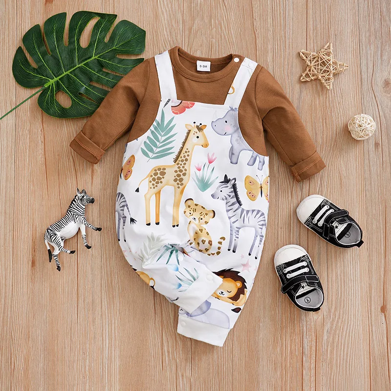 Spring And Autumn Boys And Girls Cute Cartoon Animal Full Print Strap Long Sleeve Baby Bodysuit