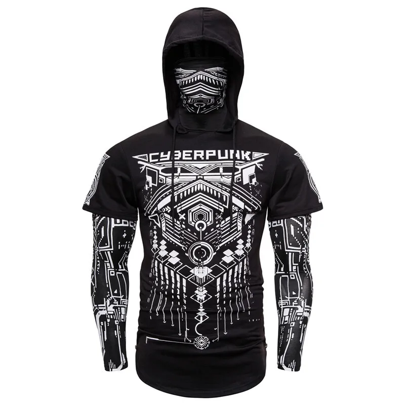 HKSH Spring Summer Elastic Hooded T-shirts Men's Tide Dark Ninja Sweatshirt Skull Mask Streetwear Fashion Print Chic Tops HK1826