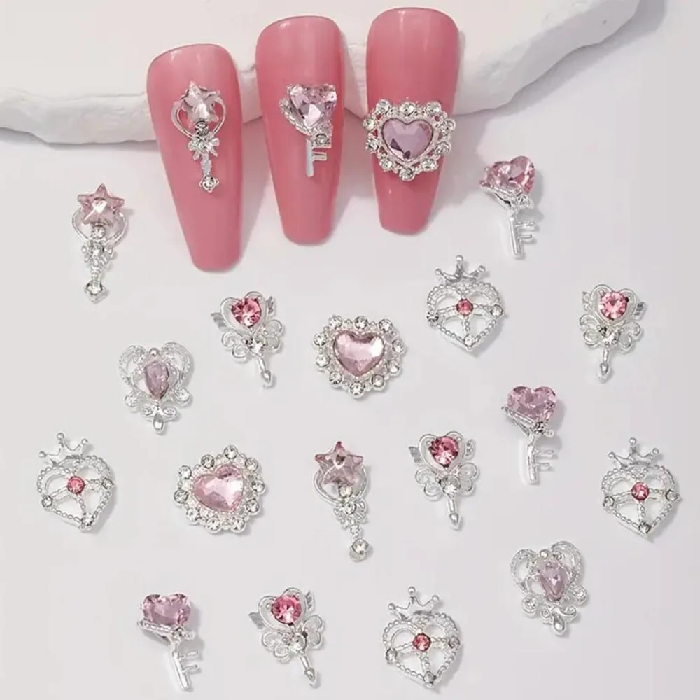 6-Grids 30pcs Pink Nail Rhinestones Silvery Base Love Heart Nail Charms 3D Crystal Glass Gems Nail Art Decorations Accessories