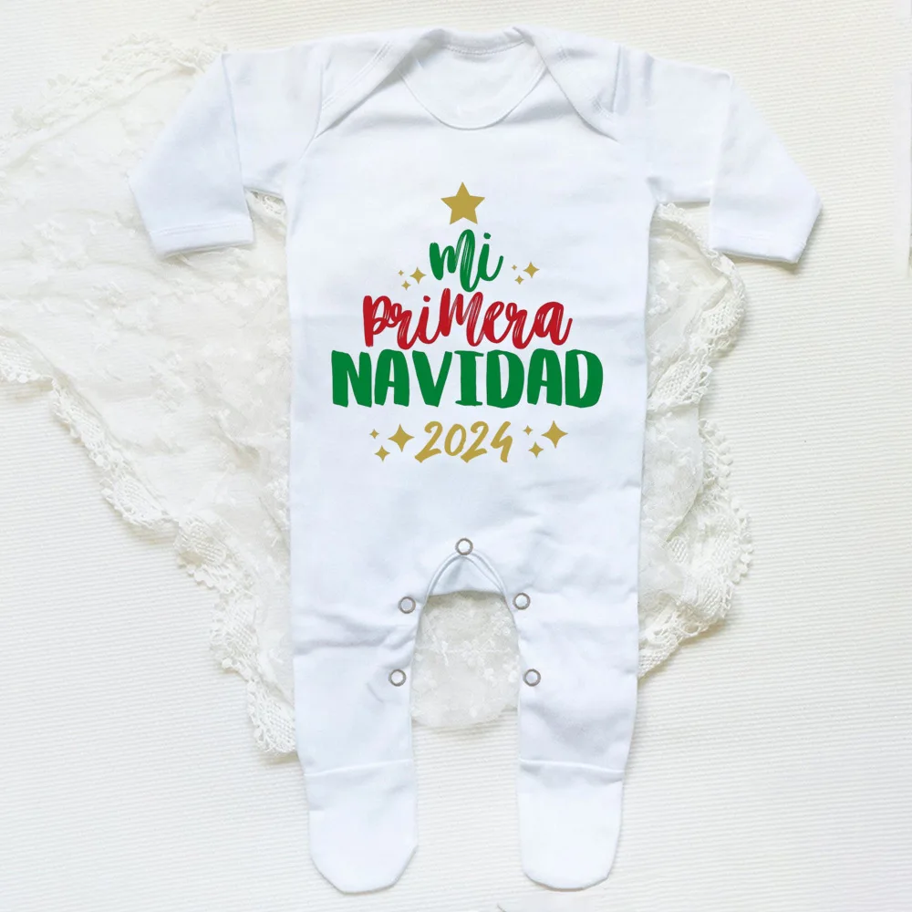 My First Christmas Spanish Print Baby Babygrow Bodysuit Infant Christmas Sleepsuit Newborn Long Sleeve Romper Baby Xmas Clothes