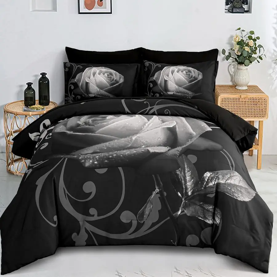 

Floral Comforter Queen Black Bed in a Bag Rose 7PCs Comforter Set Soft Micorfiber Bedding Set 1 Comforter,2 Pillow Shams,1 Flat