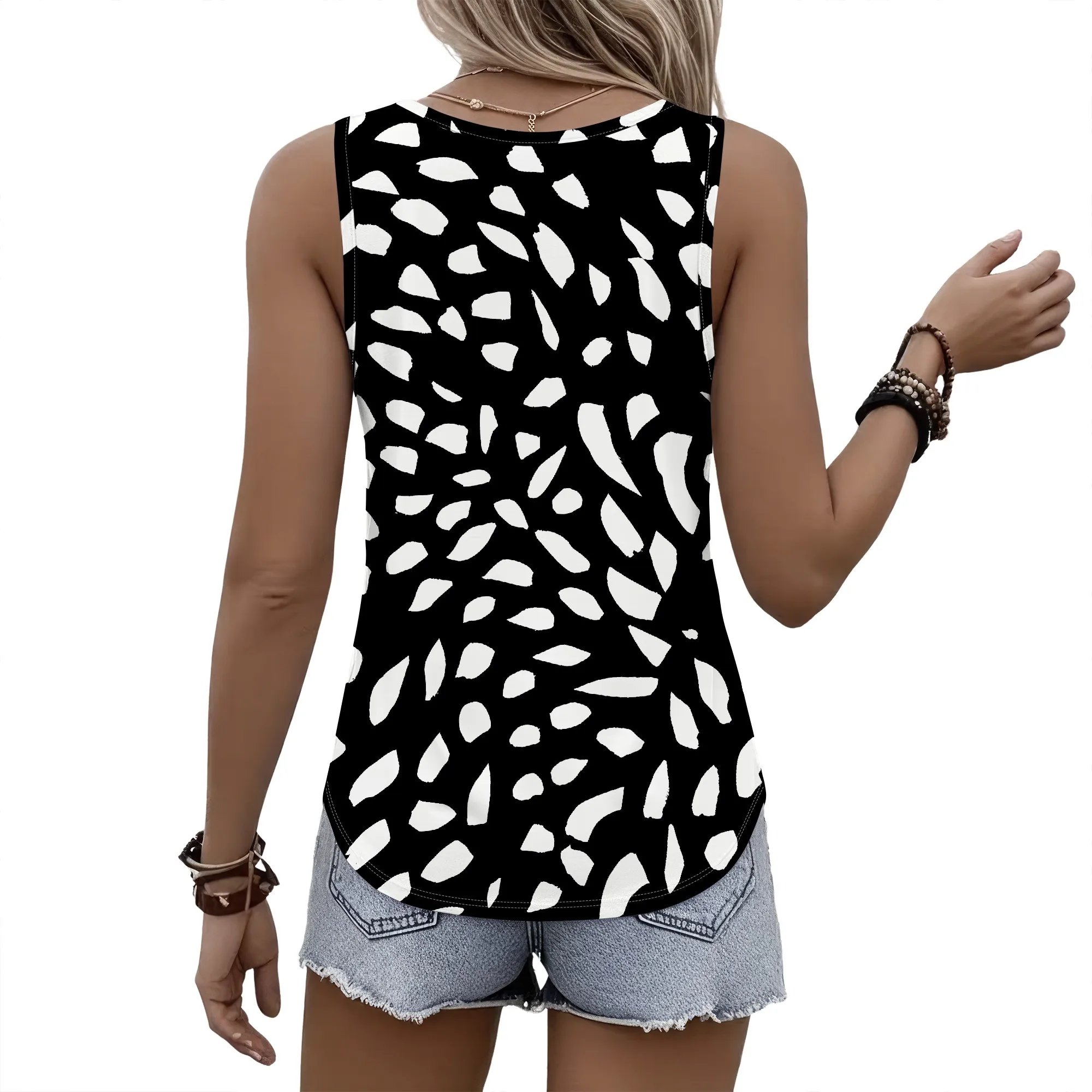 Abstract Print Tank Top, Black White Sleeveless Shirt, Casual Loose Fit Blouse, Summer Beach Vacation Wear, S-2XL