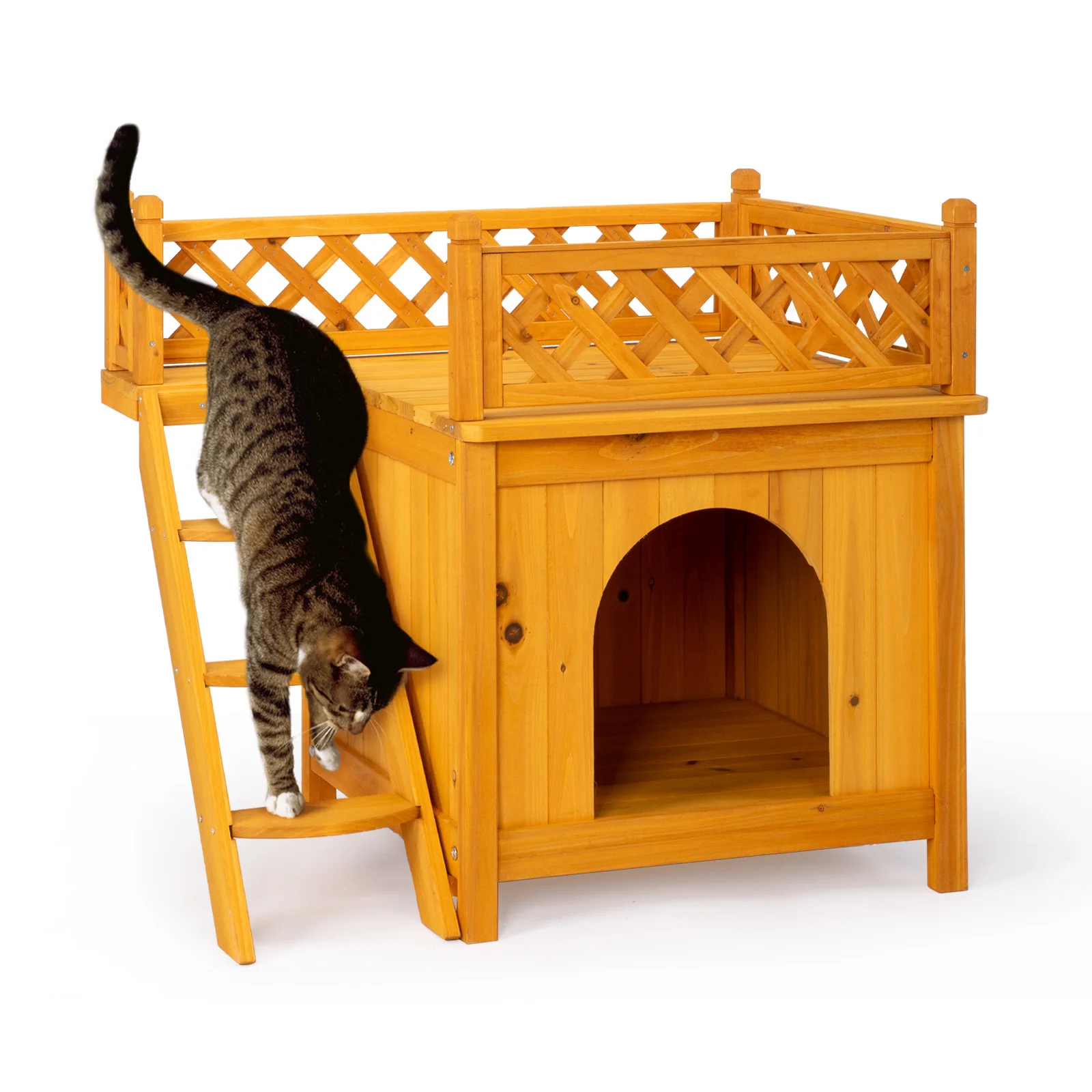 

2-Story Wooden Feral Cat House Dog House for Outdoor and Indoor, Pet House with Stairs, Yellow