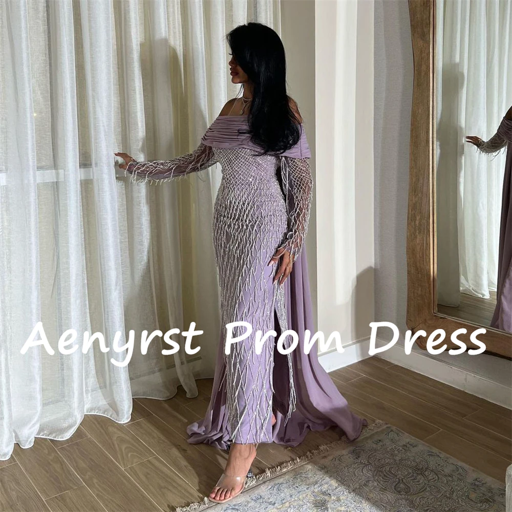 Aenyrst paars off-shoulder lange mouwen galajurk op maat gemaakte chiffon geplooide avondjurken enkellange formele gelegenheidsjurk