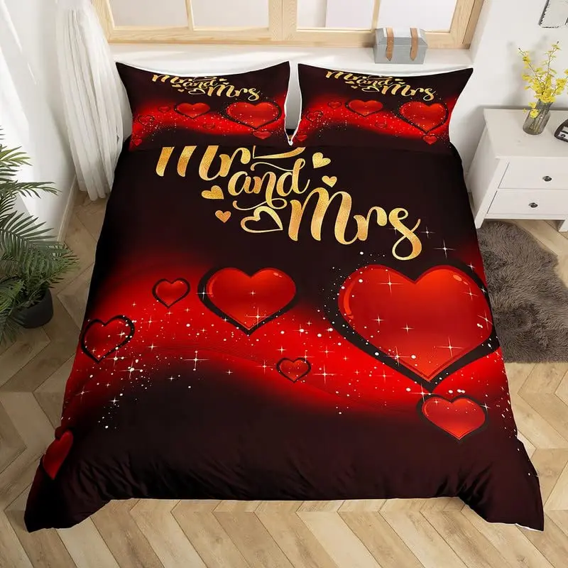 Funny Creative Mr & Mrs Duvet Cover - Black and Red, Love Man Mustache & Woman Lip Design, Twin Size