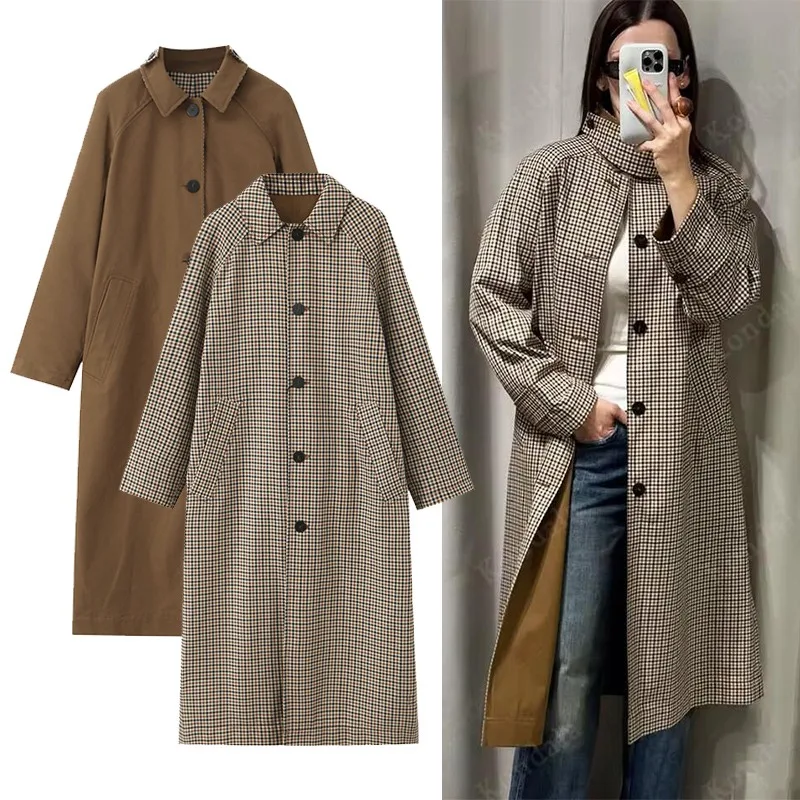 Double Sided Plaid Long Jackets For Women Single Breasted Long Sleeve Commute Street Female Trench Coat 2026 Autumn Chic Outwear