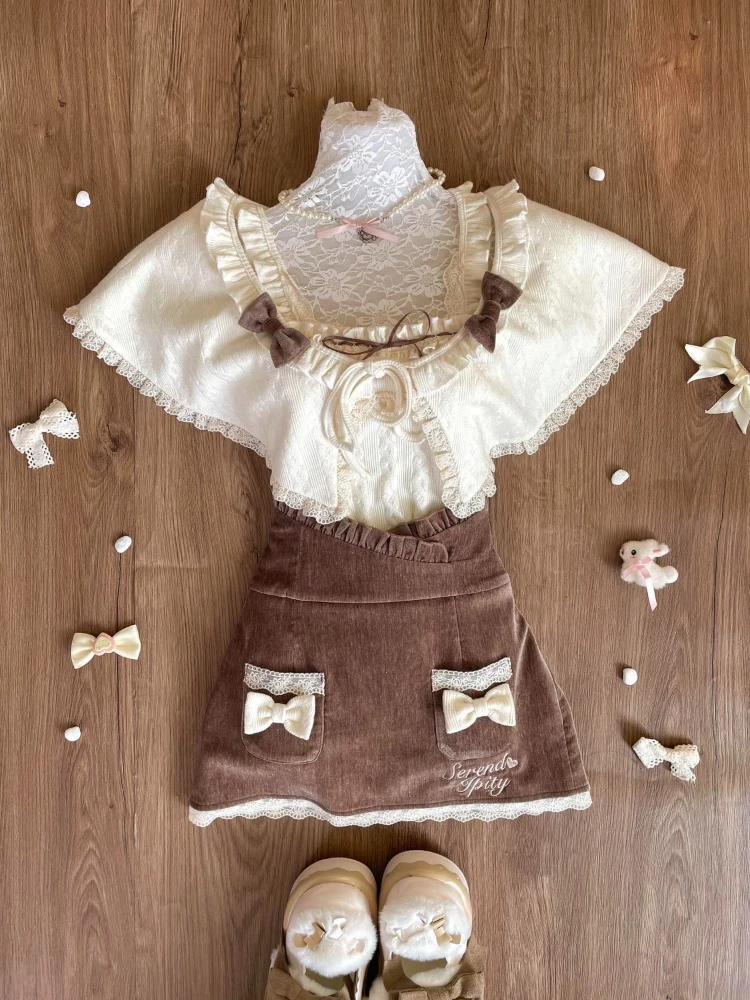

Spring Japanese Sweet Cute 3 Piece Set Women Chic Cape + Bow Top + A-line Skirt New Design Fashion Slim Harajuku Lovely Outfit