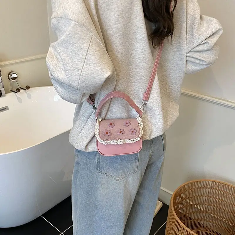 Pink Red Yellow Brown Vintage Mini Crossbody Bag for Girls, Lace Floral Embroidered Handbag, Cute Children Shoulder Coin Purse