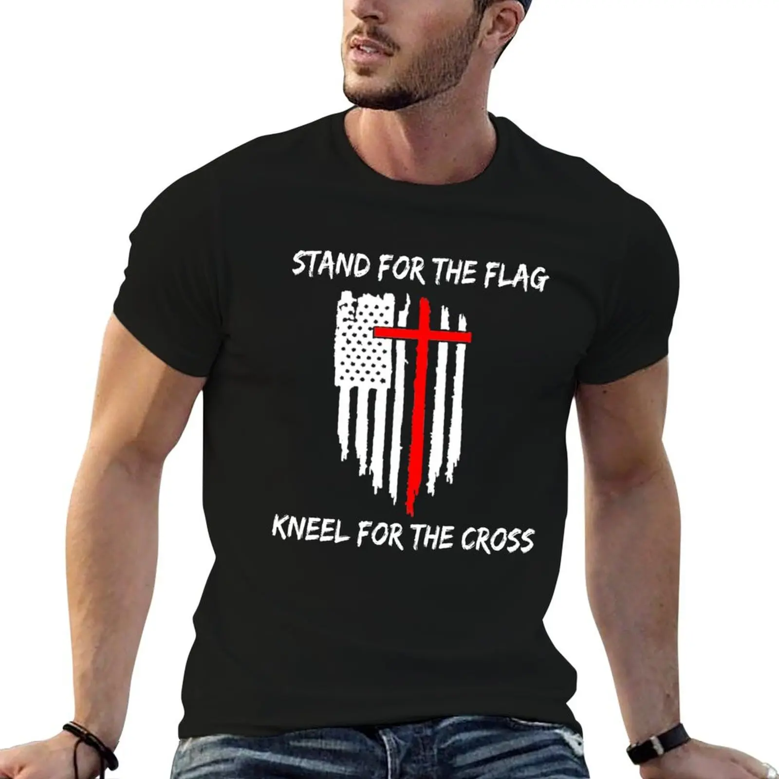 STAND FOR THE FLAG, KNEEL FOR THE CROSS T-Shirt street wear blacks mens shirts graphic tee