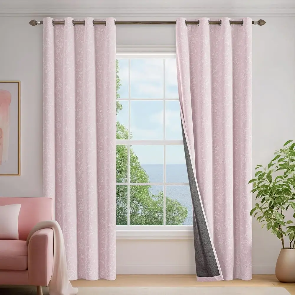 96 cortinas opacas de jacquard floral rosa para habitación de niñas, paneles de ojales aislados de chenilla