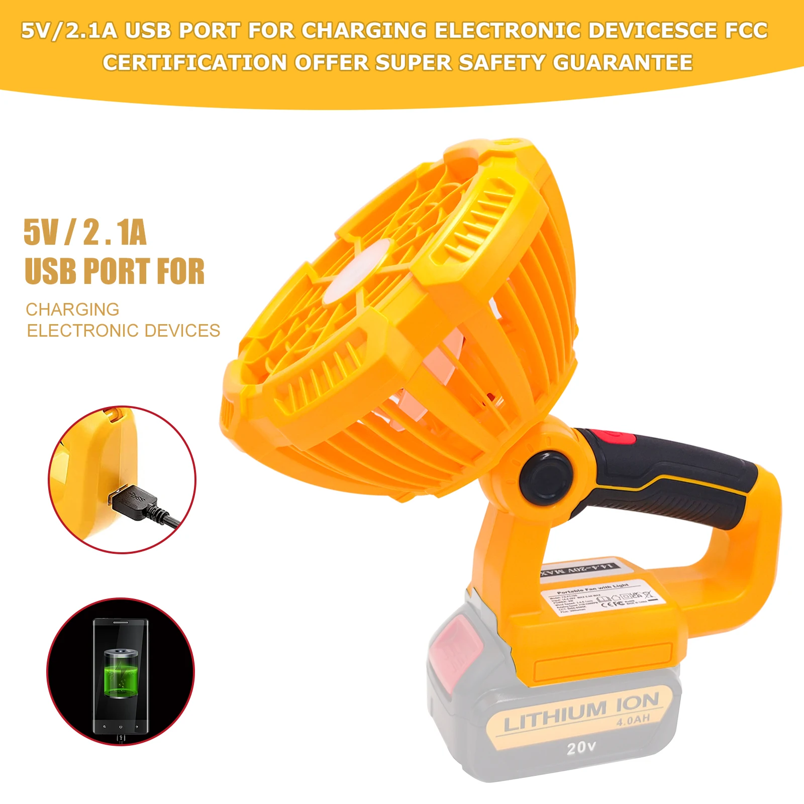 9W สำหรับ DeWalt 14.4-20V แบตเตอรี่ Li-ion แบบพกพาพัดลมแนวตั้งพร้อมไฟ LED ชาร์จเร็วพอร์ต USB เสียงรบกวนต่ำพัดลมไฟฟ้า