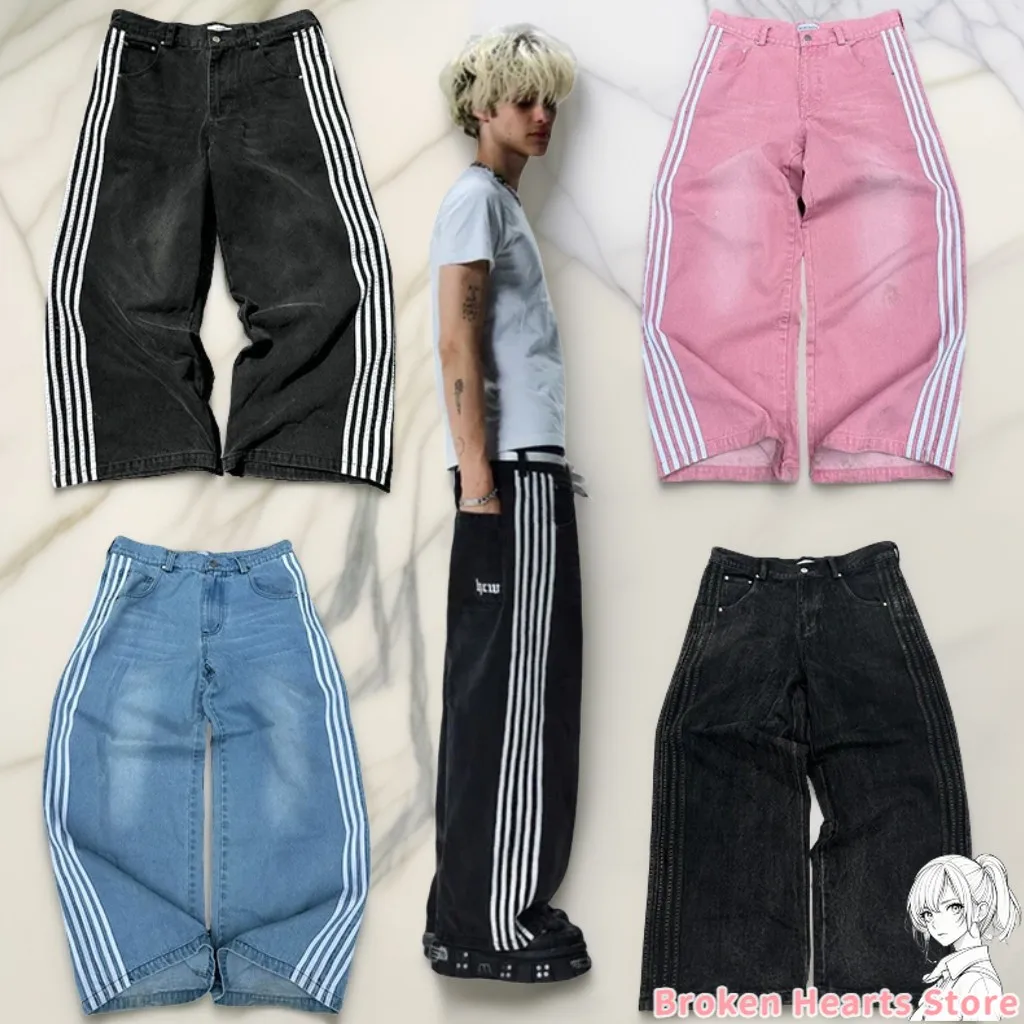 

Harajuku Y2K Baggy Jeans Men Women Simple Striped Embroidered Sweatpants Hip Hop Streetwear Casual Retro Wide Leg Denim Pants