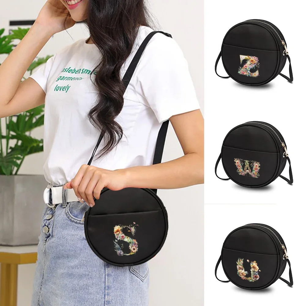 New Fashion and Leisure Women's Round Crossbody Bag Floral Letter Printing Pattern Crossbody Bag Small Wallet Handbag