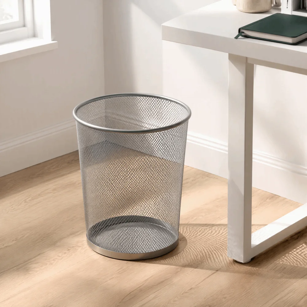 Lightweight Open Top Mesh Trash Can Well Ventilated Circular Shape Round Wastebasket Metal Waste Basket Room